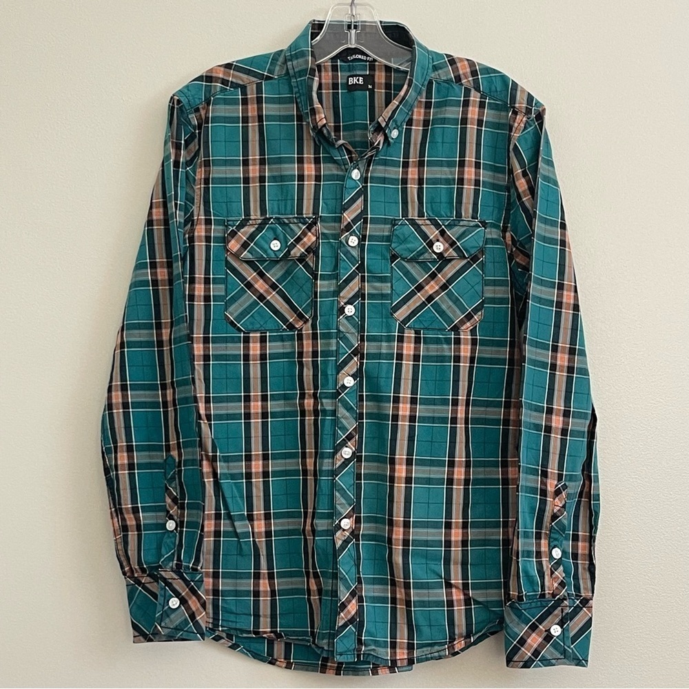 BKE Shirt Men’s M Tailored Fit Pocket Western Cotton Button Down Green Orange
